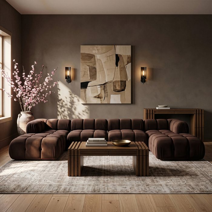 Meridian Furniture - Orin Brown Velvet Performance Fabric Upholstered 6 pc. Sectional - 671Brown-Sec6D - GreatFurnitureDeal