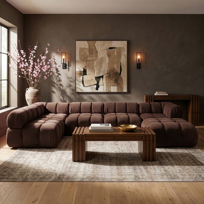 Meridian Furniture - Orin Brown Velvet Performance Fabric Upholstered 6 pc. Sectional - 671Brown-Sec6E - GreatFurnitureDeal