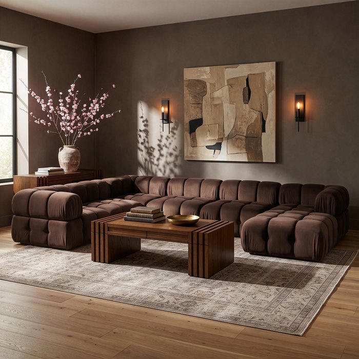Meridian Furniture - Orin Brown Velvet Performance Fabric Upholstered 7 pc. Sectional - 671Brown-Sec7H - GreatFurnitureDeal