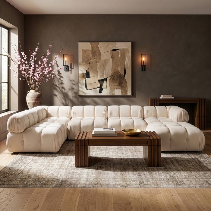 Meridian Furniture - Orin Cream Velvet Performance Fabric Upholstered 6 pc. Sectional - 671Cream-Sec6E - GreatFurnitureDeal