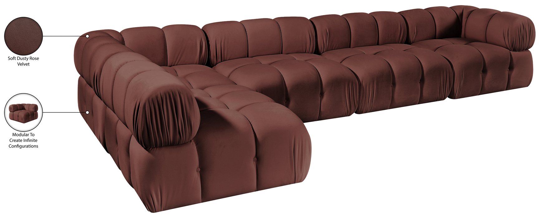 Meridian Furniture - Orin Rose Velvet Performance Fabric Upholstered 5 pc. Sectional - 671Rose-Sec5E - GreatFurnitureDeal