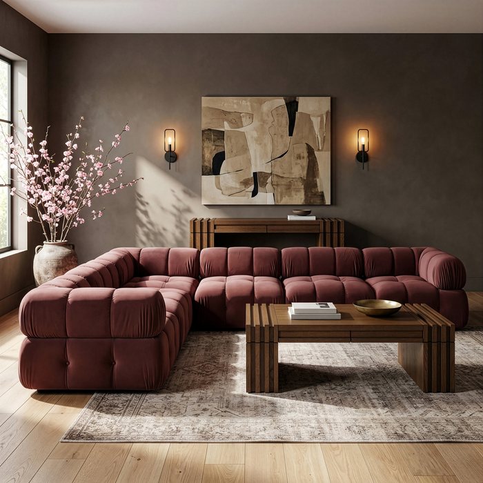 Meridian Furniture - Orin Rose Velvet Performance Fabric Upholstered 6 pc. Sectional - 671Rose-Sec6A - GreatFurnitureDeal