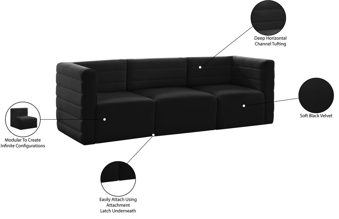 Meridian Furniture - Quincy 95" Black Velvet Upholstered Comfort 3pc. Sofa - 677Black-S95 - GreatFurnitureDeal