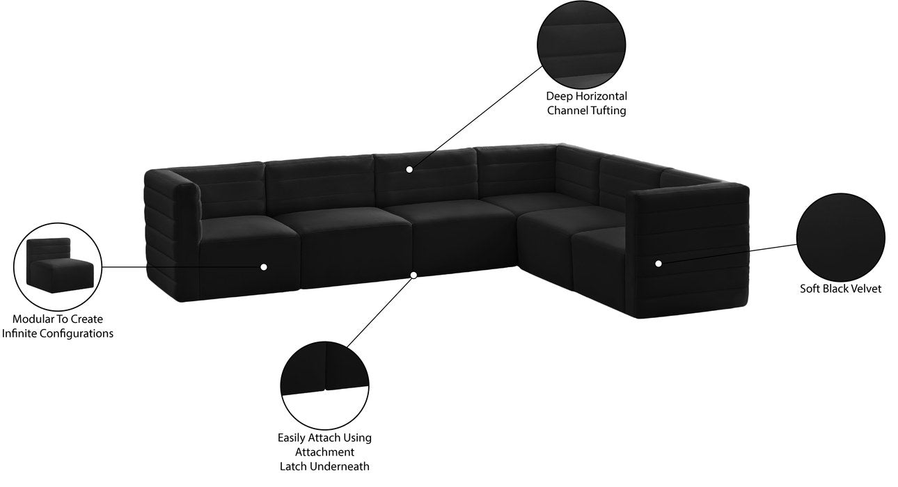 Meridian Furniture - Quincy 126" Black Velvet Upholstered Comfort 6pc. Sectional - 677Black-Sec6A - GreatFurnitureDeal
