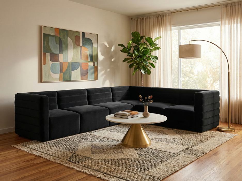 Meridian Furniture - Quincy 126" Black Velvet Upholstered Comfort 6pc. Sectional - 677Black-Sec6A - GreatFurnitureDeal