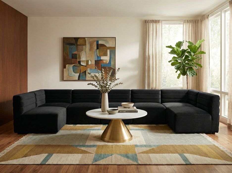 Meridian Furniture - Quincy 157" Black Velvet Upholstered Comfort 7pc. Sectional - 677Black-Sec7B - GreatFurnitureDeal