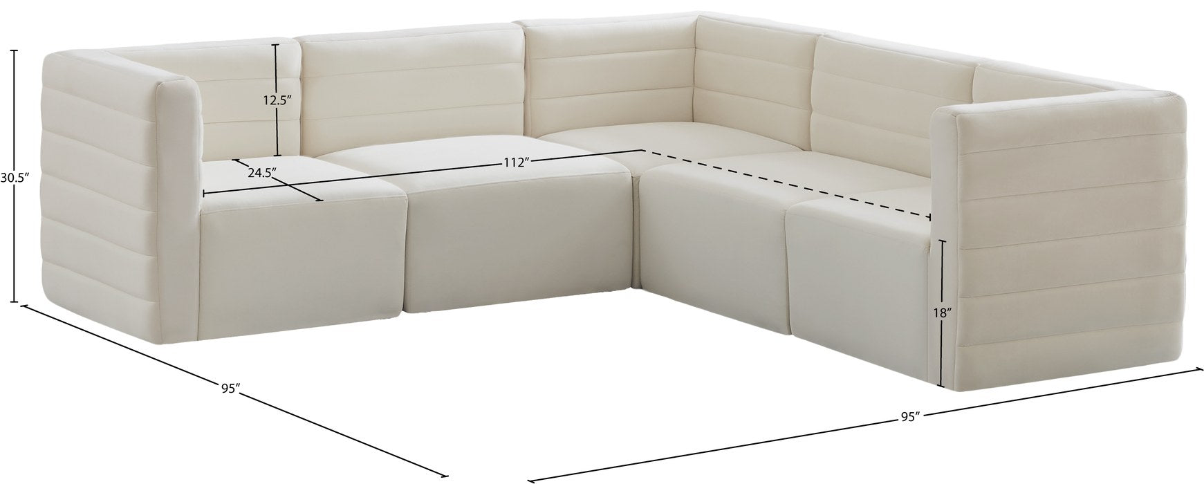Meridian Furniture - Quincy 95" Cream Velvet Upholstered Comfort 5pc. Sectional - 677Cream-Sec5C - GreatFurnitureDeal