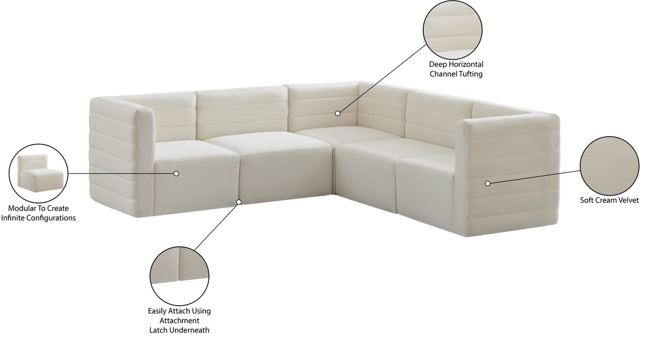 Meridian Furniture - Quincy 95" Cream Velvet Upholstered Comfort 5pc. Sectional - 677Cream-Sec5C - GreatFurnitureDeal