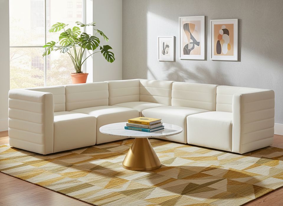 Meridian Furniture - Quincy 95" Cream Velvet Upholstered Comfort 5pc. Sectional - 677Cream-Sec5C - GreatFurnitureDeal