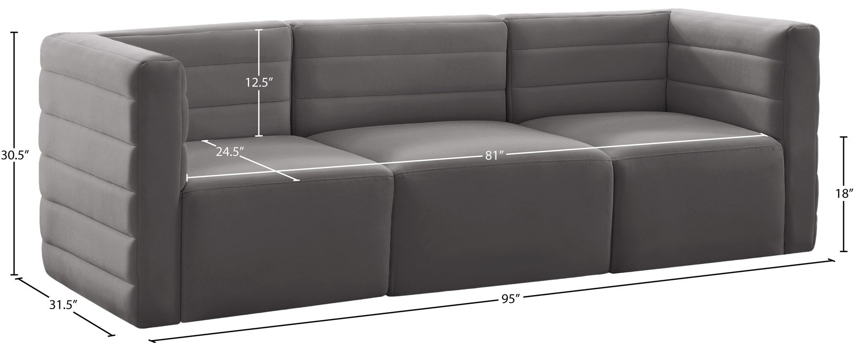Meridian Furniture - Quincy 95" Grey Velvet Upholstered Comfort 3pc. Sofa - 677Grey-S95 - GreatFurnitureDeal