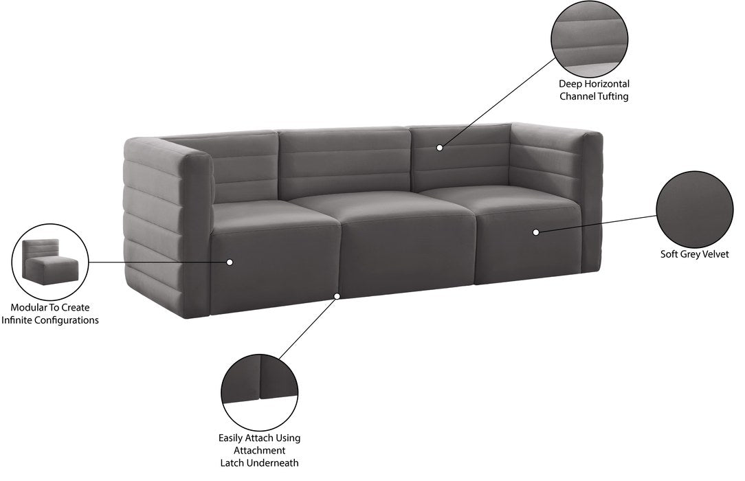 Meridian Furniture - Quincy 95" Grey Velvet Upholstered Comfort 3pc. Sofa - 677Grey-S95 - GreatFurnitureDeal