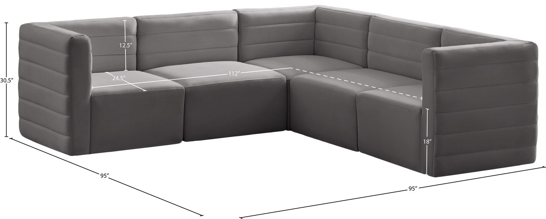Meridian Furniture - Quincy 95" Grey Velvet Upholstered Comfort 5pc. Sectional - 677Grey-Sec5C - GreatFurnitureDeal