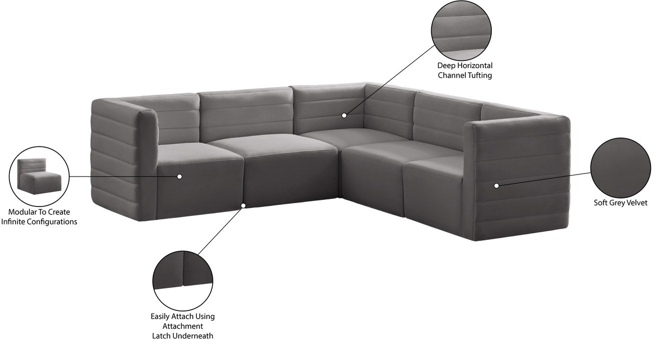 Meridian Furniture - Quincy 95" Grey Velvet Upholstered Comfort 5pc. Sectional - 677Grey-Sec5C - GreatFurnitureDeal