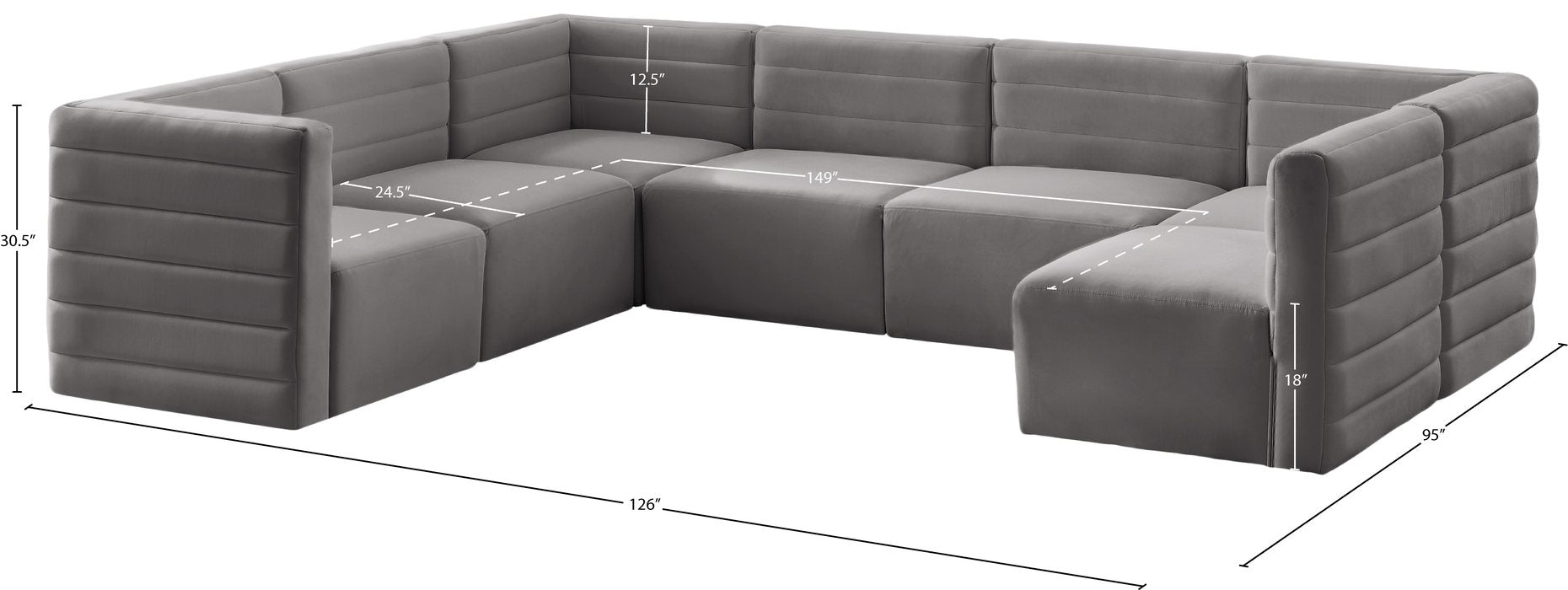 Meridian Furniture - Quincy 126" Grey Velvet Upholstered Comfort 7pc. Sectional - 677Grey-Sec7A - GreatFurnitureDeal