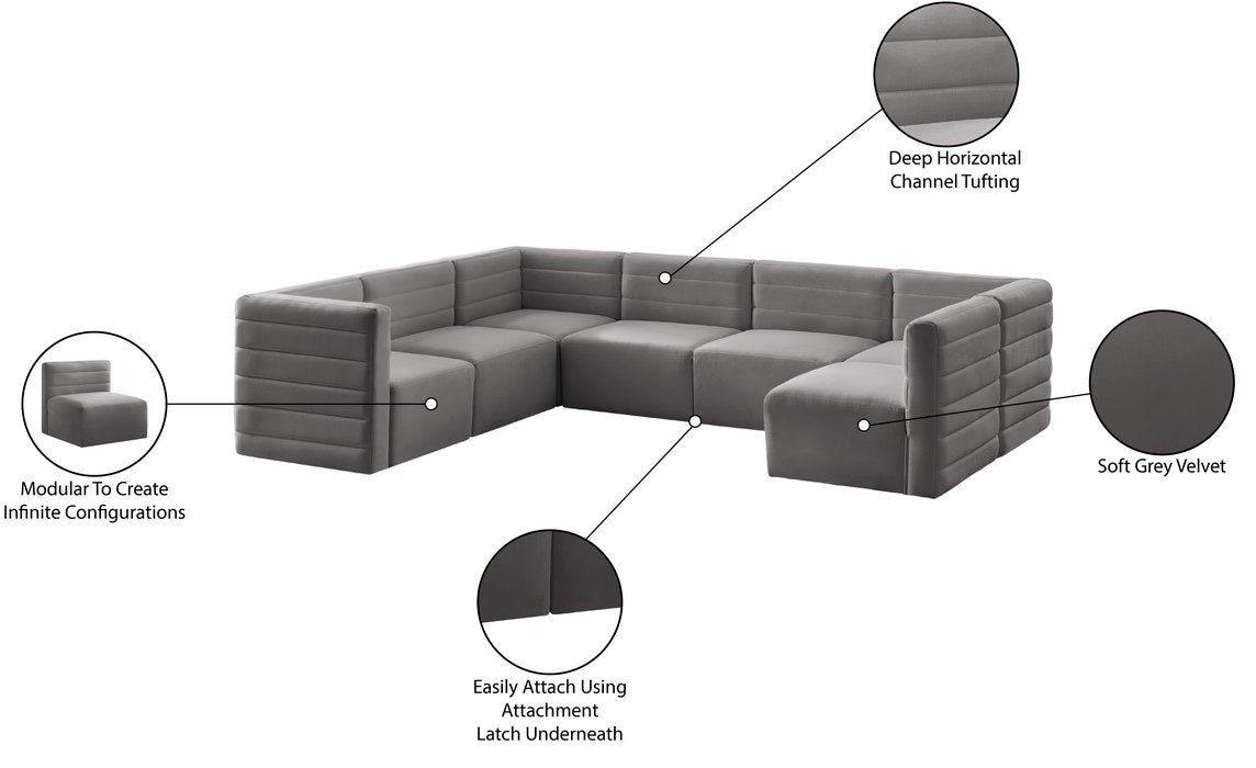 Meridian Furniture - Quincy 126" Grey Velvet Upholstered Comfort 7pc. Sectional - 677Grey-Sec7A - GreatFurnitureDeal