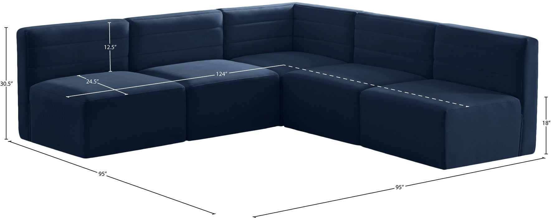 Meridian Furniture - Quincy 94" Navy Velvet Upholstered Comfort 5pc. Sectional - 677Navy-Sec5B - GreatFurnitureDeal