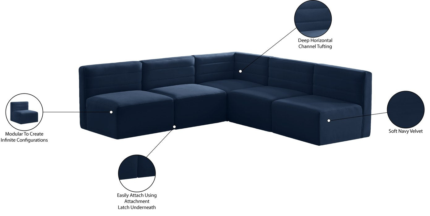 Meridian Furniture - Quincy 94" Navy Velvet Upholstered Comfort 5pc. Sectional - 677Navy-Sec5B - GreatFurnitureDeal
