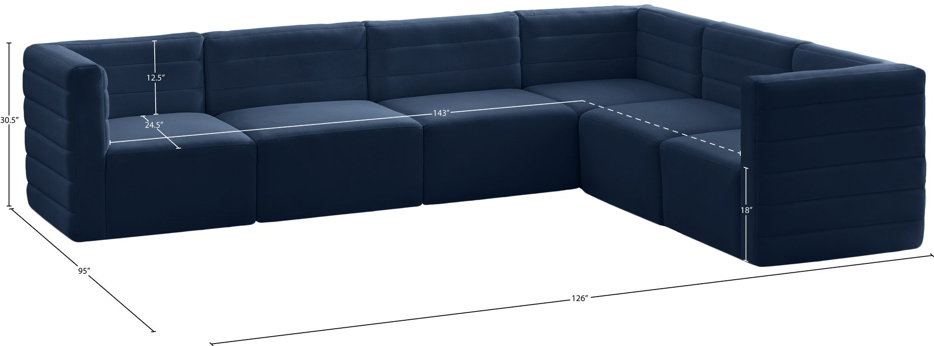 Meridian Furniture - Quincy 126" Navy Velvet Upholstered Comfort 6pc. Sectional - 677Navy-Sec6A - GreatFurnitureDeal