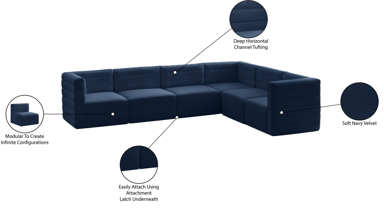 Meridian Furniture - Quincy 126" Navy Velvet Upholstered Comfort 6pc. Sectional - 677Navy-Sec6A - GreatFurnitureDeal