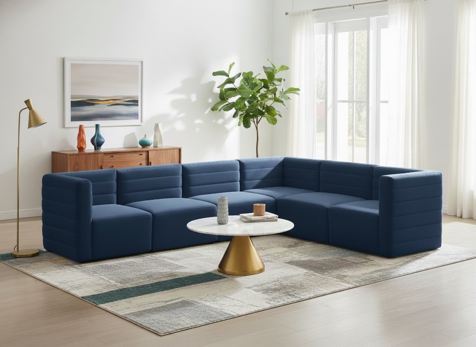 Meridian Furniture - Quincy 126" Navy Velvet Upholstered Comfort 6pc. Sectional - 677Navy-Sec6A - GreatFurnitureDeal