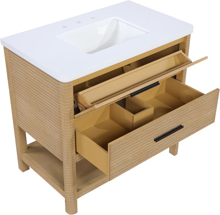 Meridian Furniture - Oakwell 36" Natural Engineered Stone And Solid Wood Bathroom Vanity - 679Natural-36 - GreatFurnitureDeal