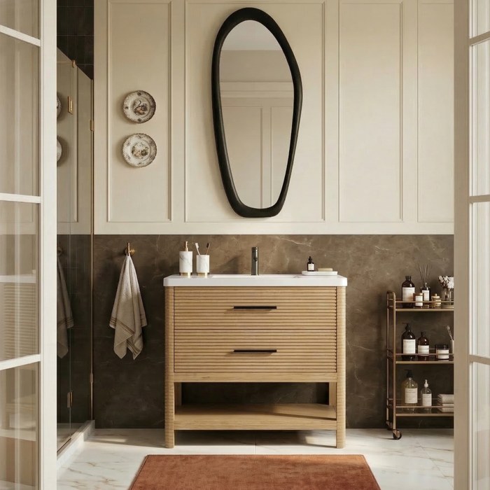 Meridian Furniture - Oakwell 36" Natural Engineered Stone And Solid Wood Bathroom Vanity - 679Natural-36 - GreatFurnitureDeal