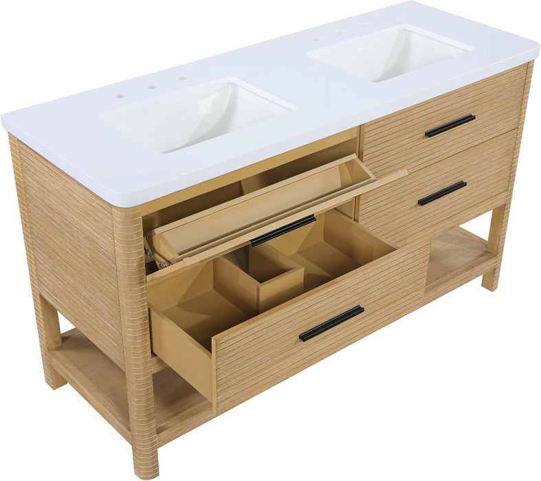 Meridian Furniture - Oakwell 60" Natural Engineered Stone And Solid Wood Bathroom Vanity - 679Natural-60 - GreatFurnitureDeal