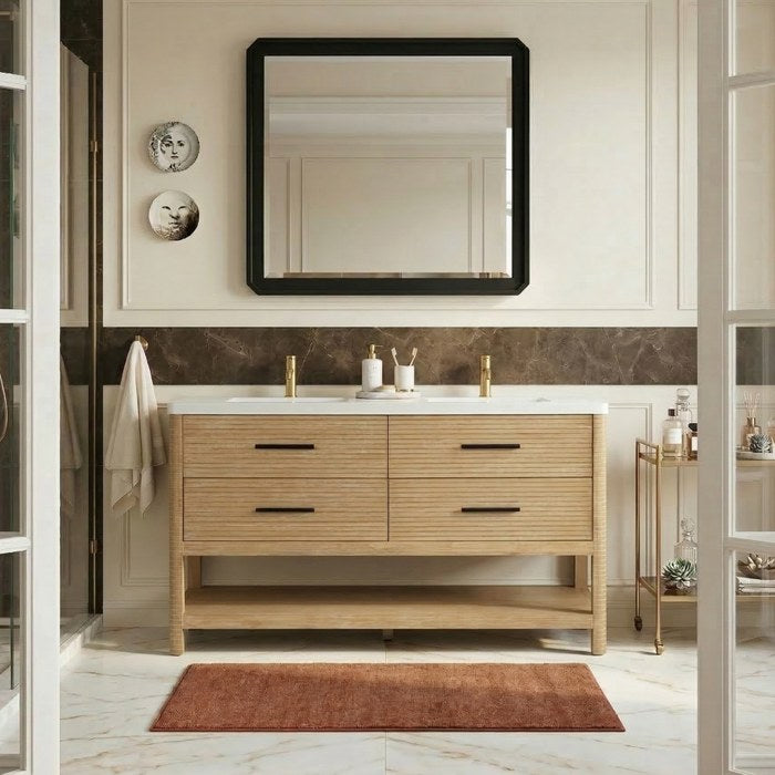 Meridian Furniture - Oakwell 60" Natural Engineered Stone And Solid Wood Bathroom Vanity - 679Natural-60 - GreatFurnitureDeal
