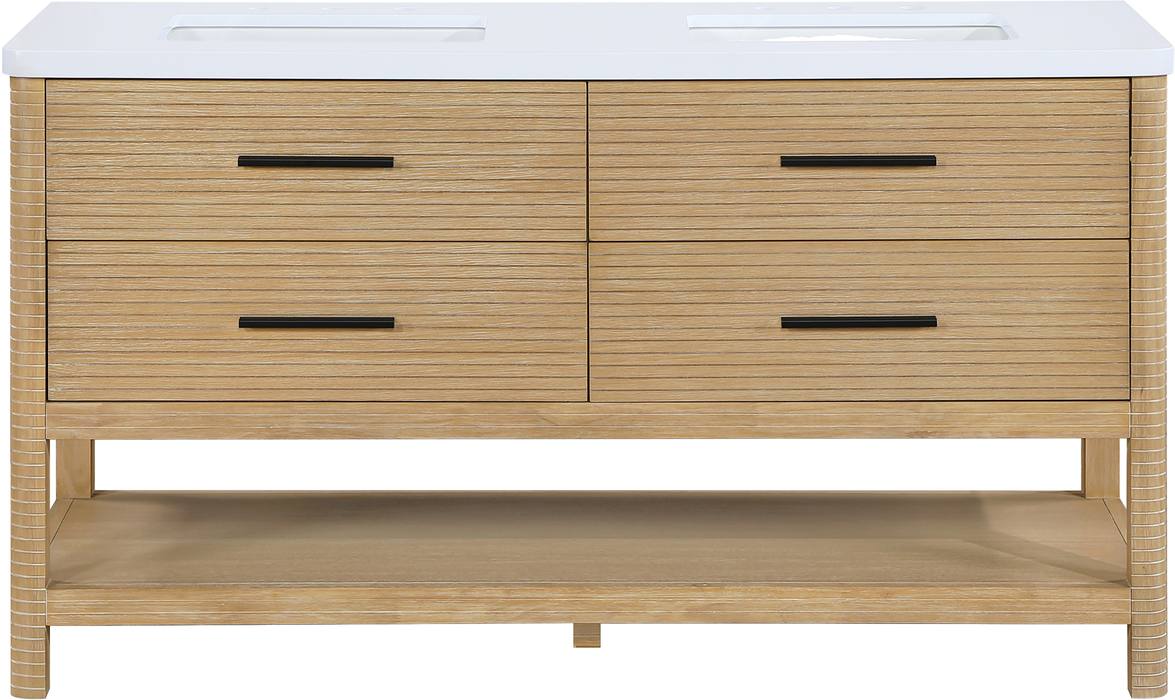 Meridian Furniture - Oakwell 60" Natural Engineered Stone And Solid Wood Bathroom Vanity - 679Natural-60 - GreatFurnitureDeal