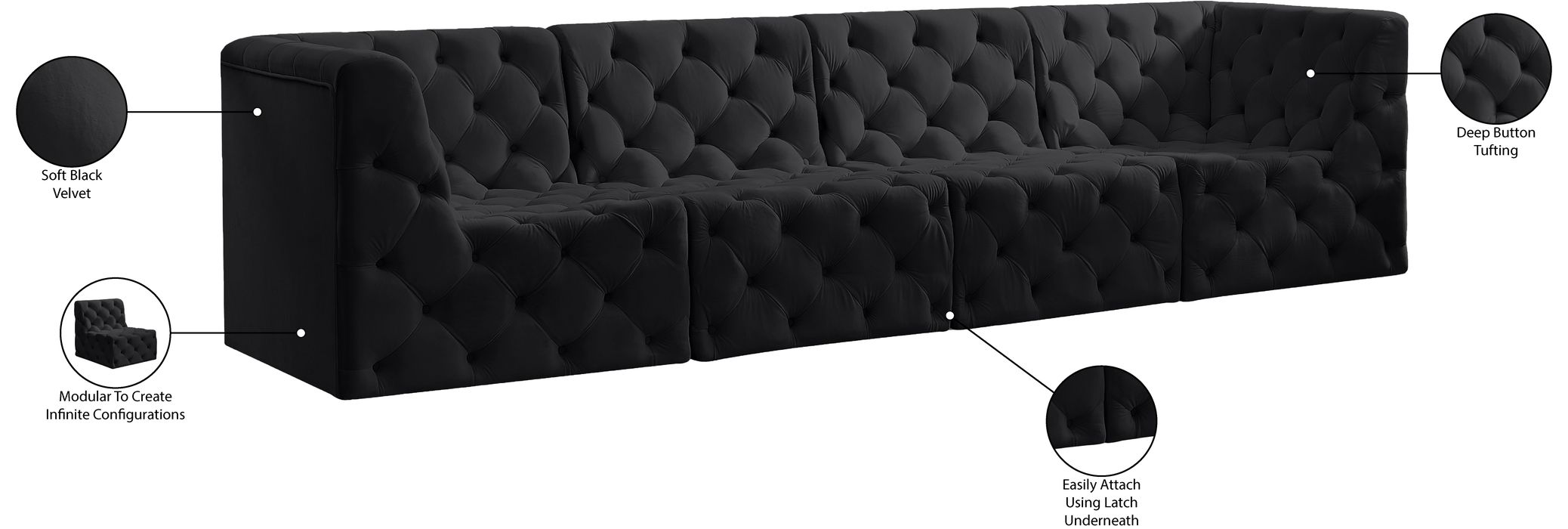 Meridian Furniture - Tuft 128" Black Velvet Upholstered 4pc. Sofa - 680Black-S128 - GreatFurnitureDeal