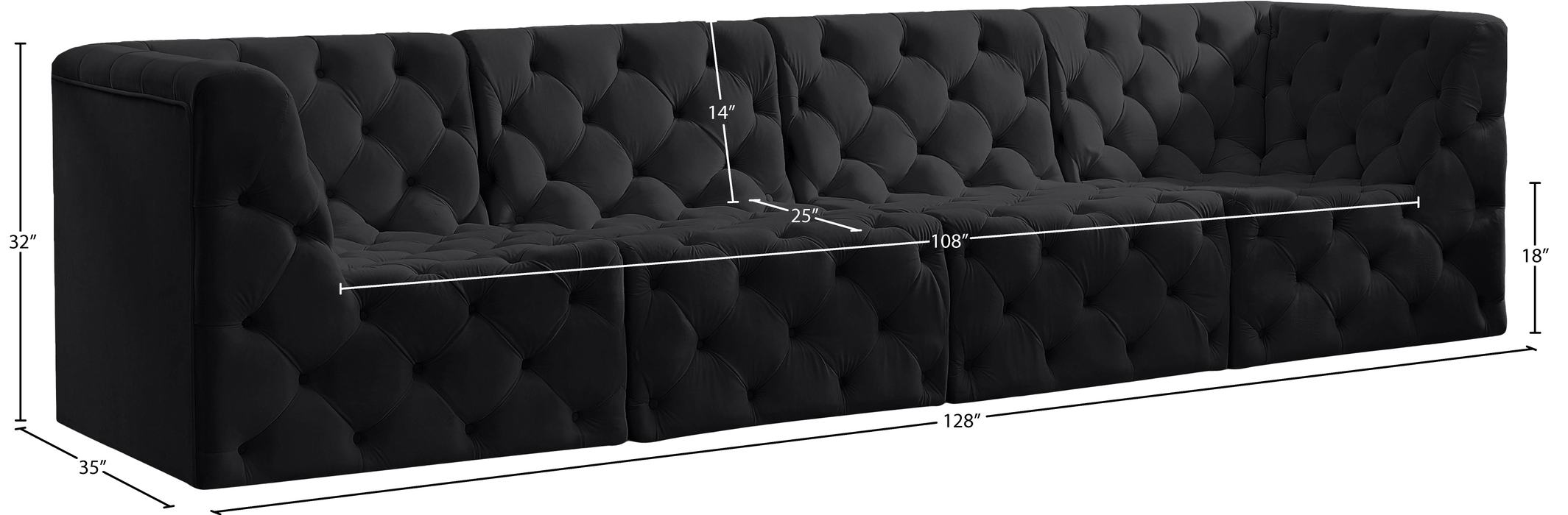 Meridian Furniture - Tuft 128" Black Velvet Upholstered 4pc. Sofa - 680Black-S128 - GreatFurnitureDeal