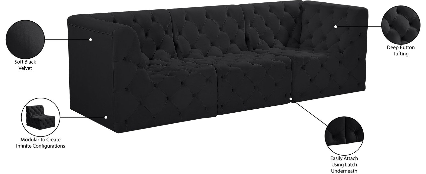 Meridian Furniture - Tuft 99" Black Velvet Upholstered 3pc. Sofa - 680Black-S99 - GreatFurnitureDeal
