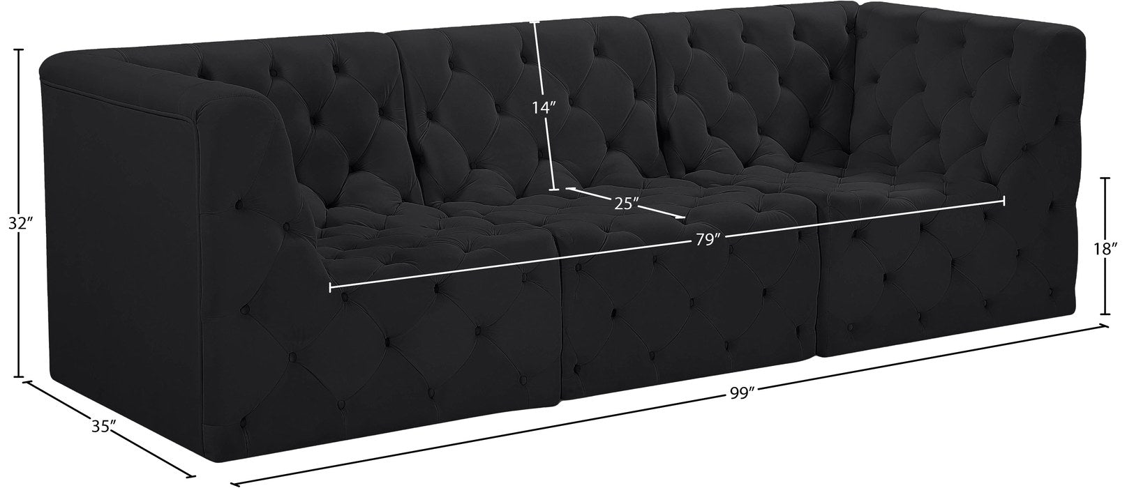 Meridian Furniture - Tuft 99" Black Velvet Upholstered 3pc. Sofa - 680Black-S99 - GreatFurnitureDeal