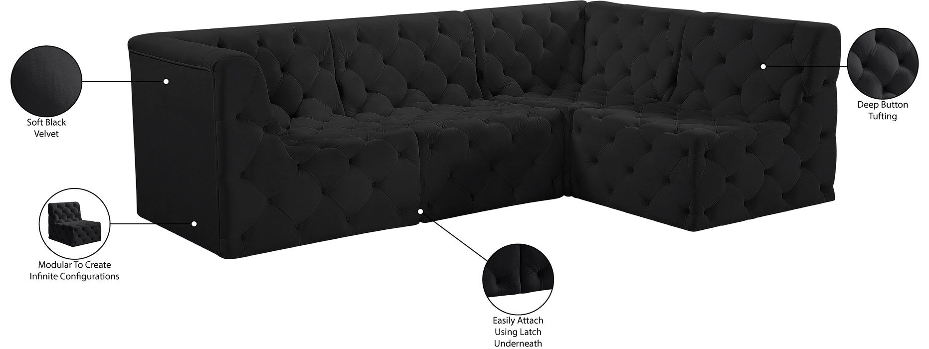 Meridian Furniture - Tuft 99" Black Velvet Upholstered 4pc. Sectional - 680Black-Sec4A - GreatFurnitureDeal