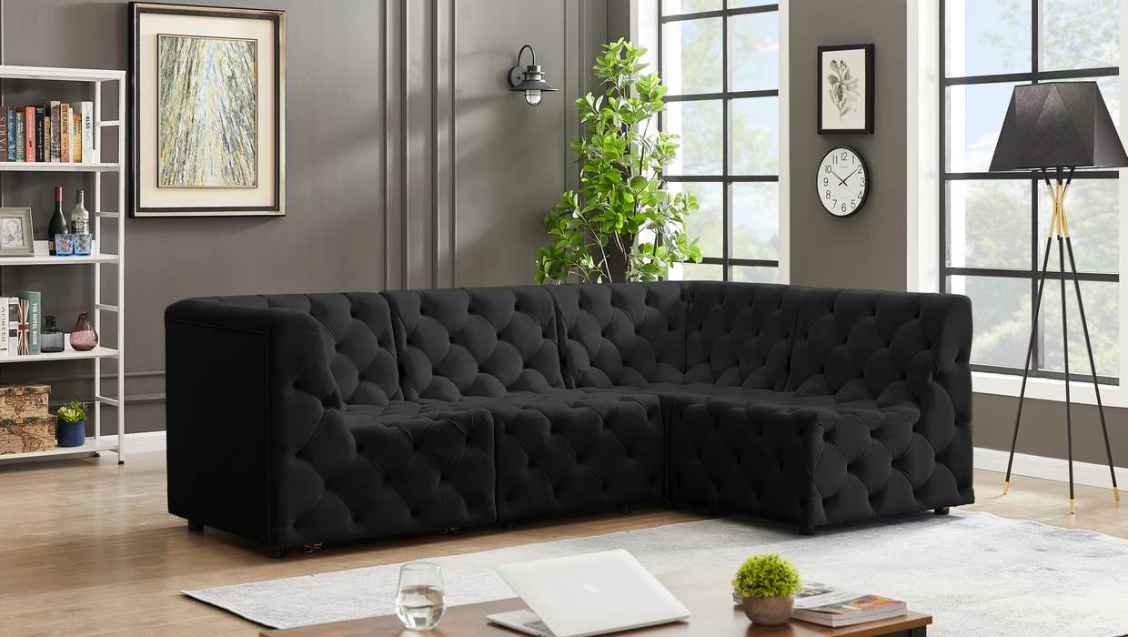Meridian Furniture - Tuft 99" Black Velvet Upholstered 4pc. Sectional - 680Black-Sec4A - GreatFurnitureDeal