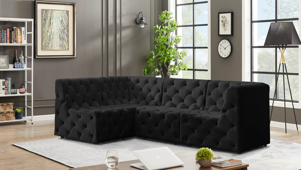 Meridian Furniture - Tuft 99" Black Velvet Upholstered 4pc. Sectional - 680Black-Sec4A - GreatFurnitureDeal