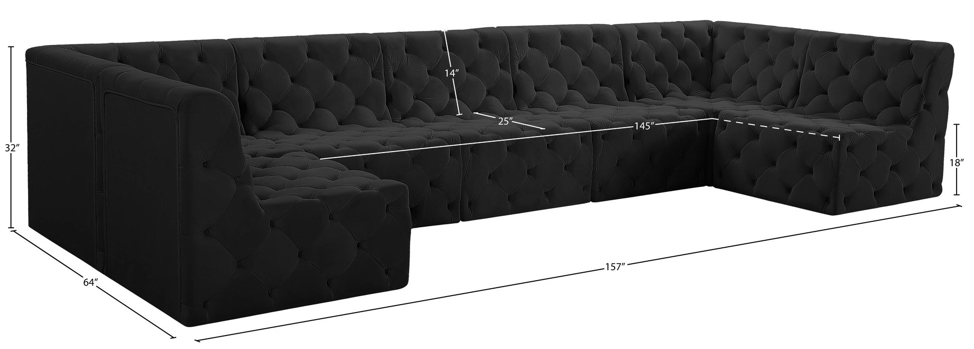 Meridian Furniture - Tuft 157" Black Velvet Upholstered 7pc. Sectional - 680Black-Sec7A - GreatFurnitureDeal