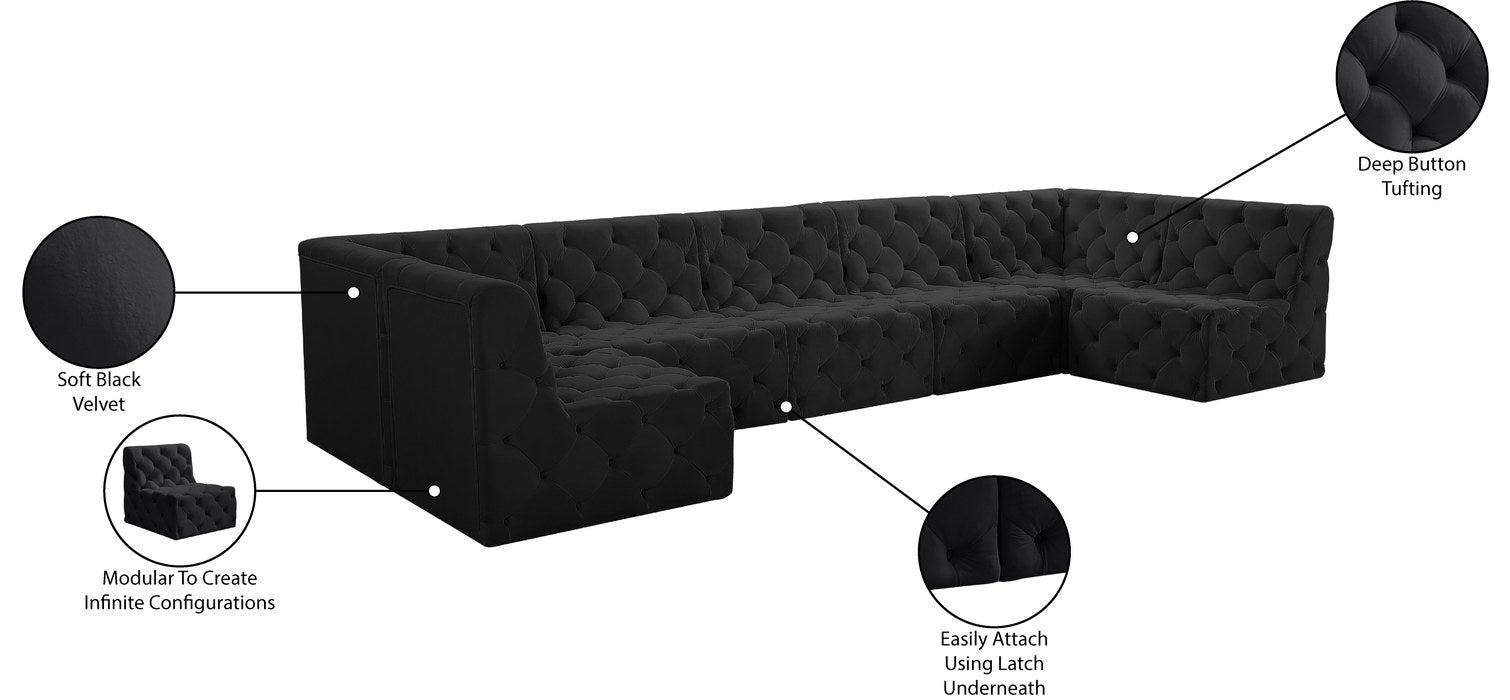 Meridian Furniture - Tuft 157" Black Velvet Upholstered 7pc. Sectional - 680Black-Sec7A - GreatFurnitureDeal