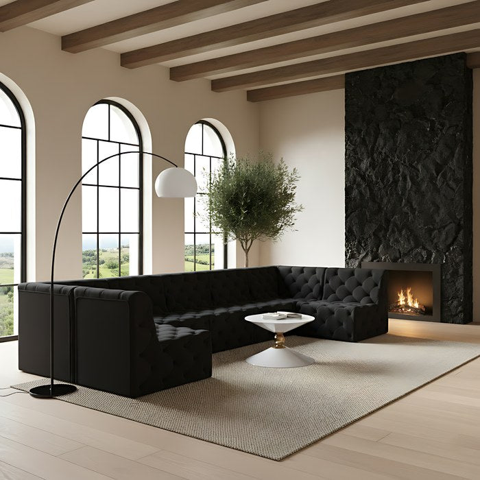 Meridian Furniture - Tuft 157" Black Velvet Upholstered 7pc. Sectional - 680Black-Sec7A - GreatFurnitureDeal