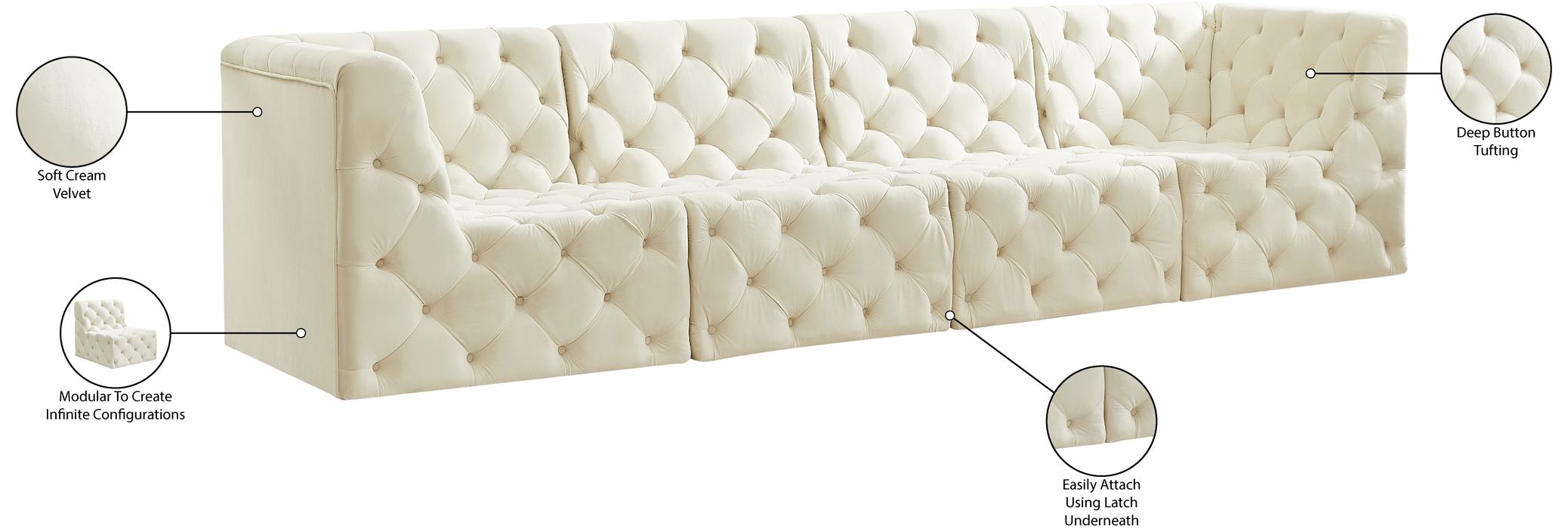 Meridian Furniture - Tuft 128" Cream Velvet Upholstered 4pc. Sofa - 680Cream-S128 - GreatFurnitureDeal