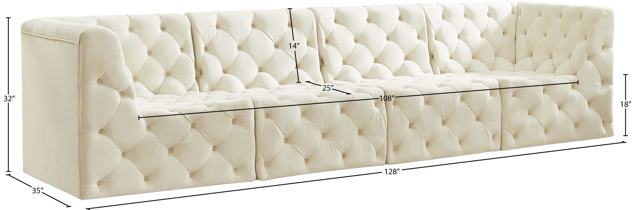 Meridian Furniture - Tuft 128" Cream Velvet Upholstered 4pc. Sofa - 680Cream-S128 - GreatFurnitureDeal
