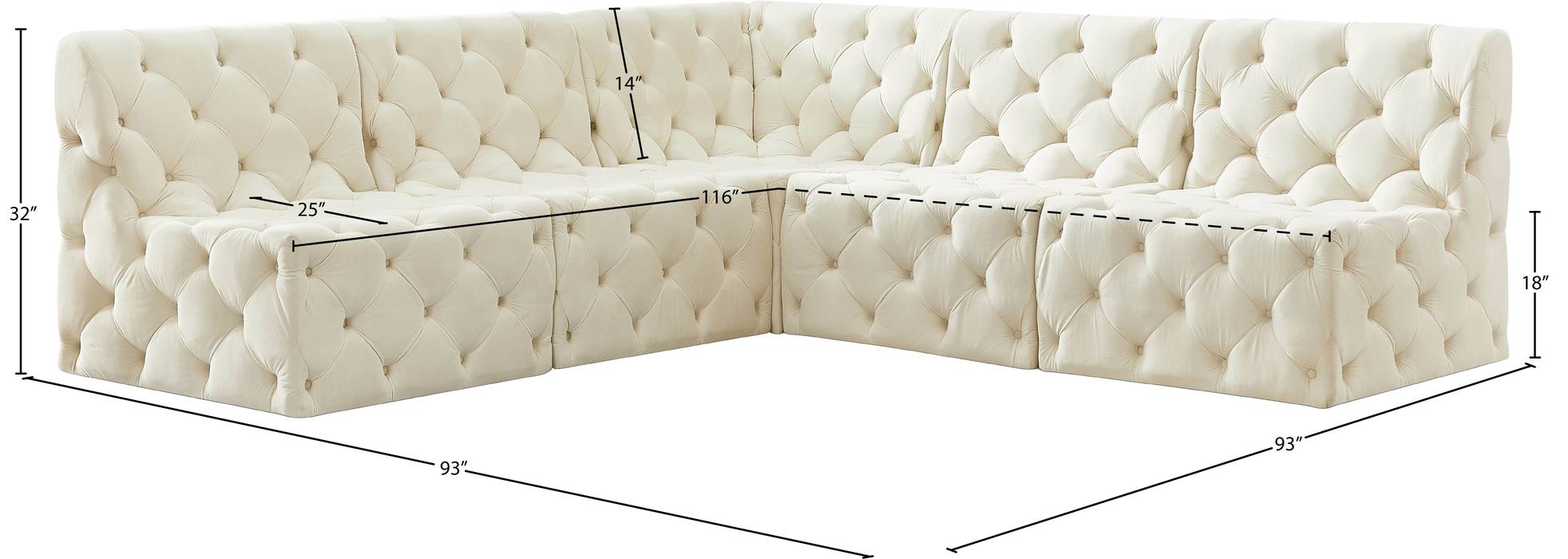 Meridian Furniture - Tuft 93" Cream Velvet Upholstered 5pc. Sectional - 680Cream-Sec5B - GreatFurnitureDeal