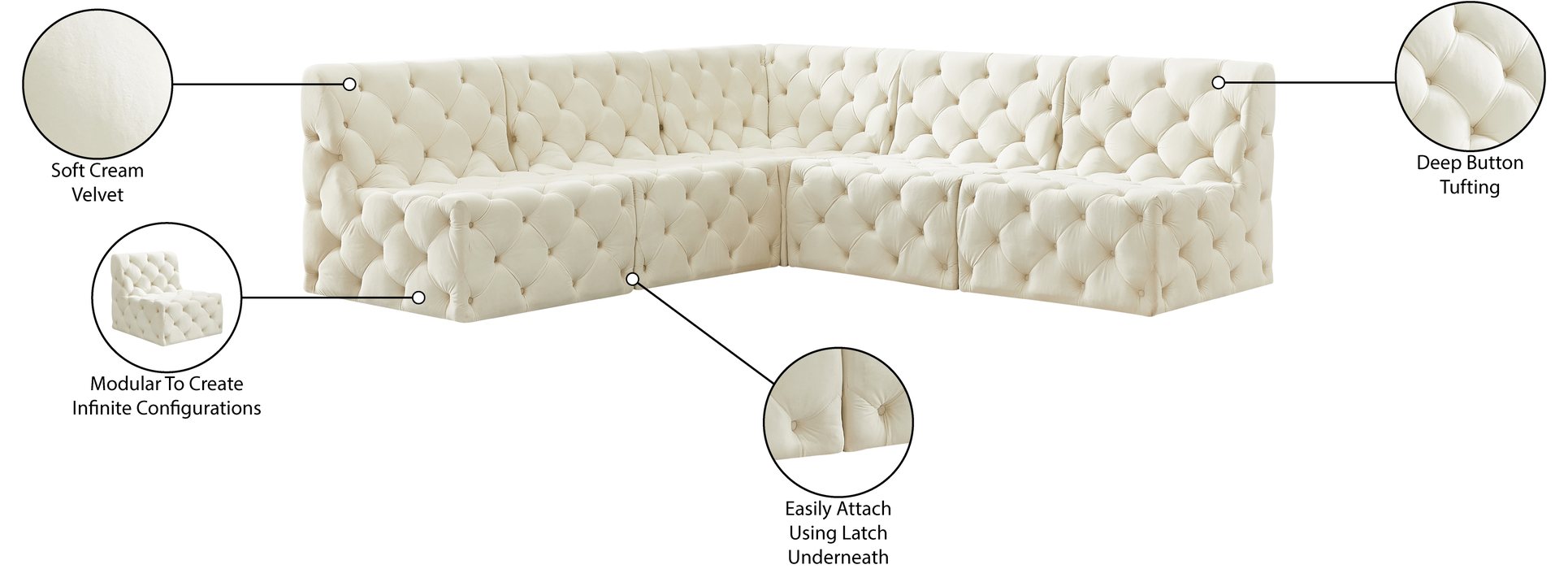 Meridian Furniture - Tuft 93" Cream Velvet Upholstered 5pc. Sectional - 680Cream-Sec5B - GreatFurnitureDeal