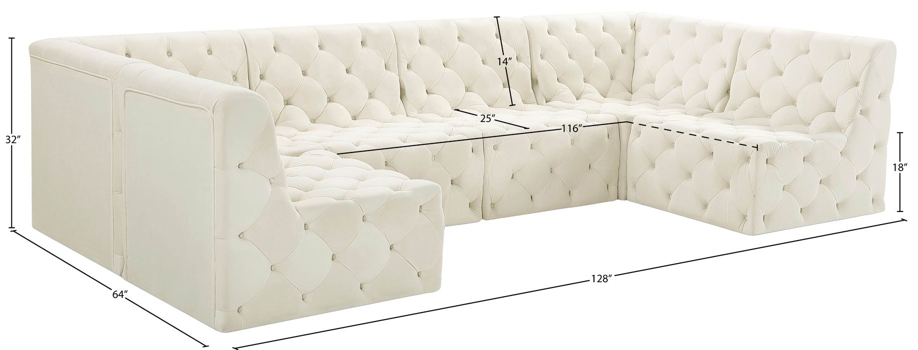 Meridian Furniture - Tuft 128" Cream Velvet Upholstered 6pc. Sectional - 680Cream-Sec6B - GreatFurnitureDeal