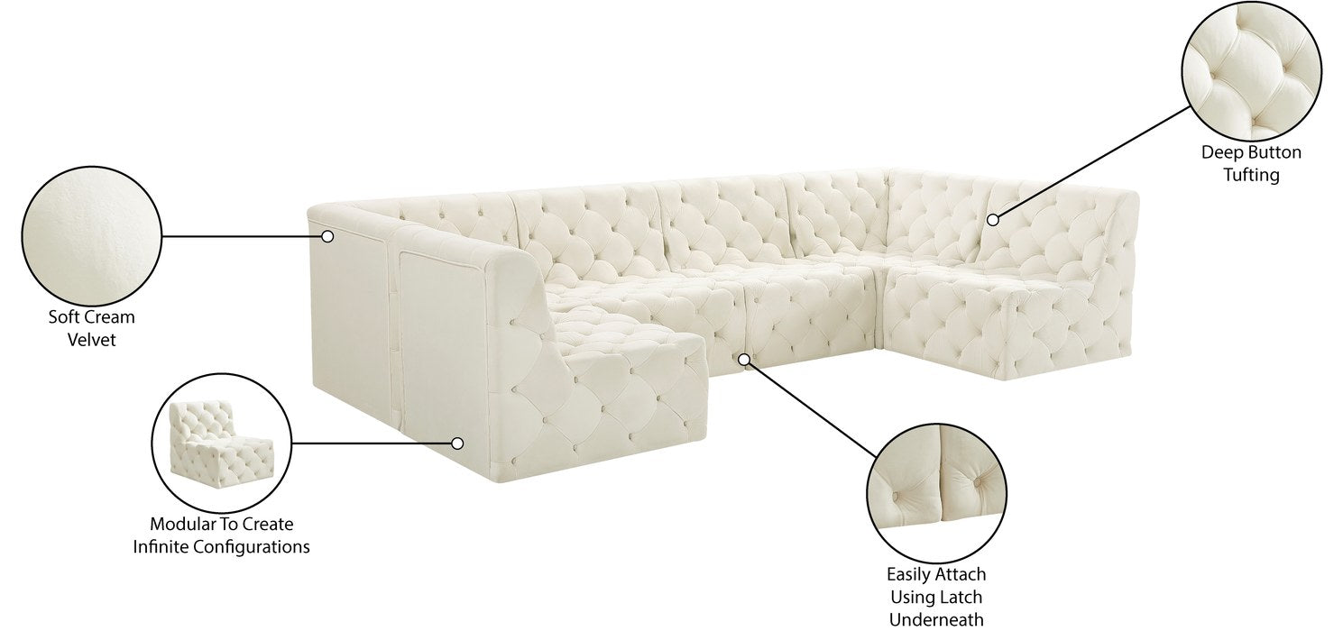 Meridian Furniture - Tuft 128" Cream Velvet Upholstered 6pc. Sectional - 680Cream-Sec6B - GreatFurnitureDeal