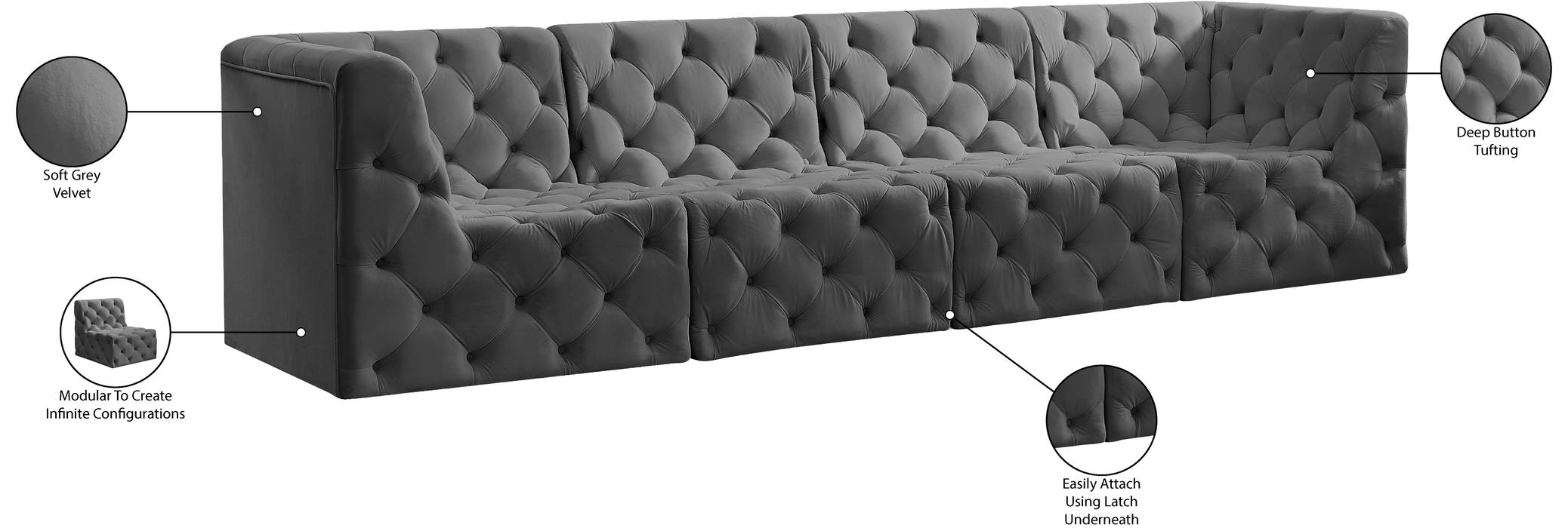 Meridian Furniture - Tuft 128" Grey Velvet Upholstered 4pc. Sofa - 680Grey-S128 - GreatFurnitureDeal