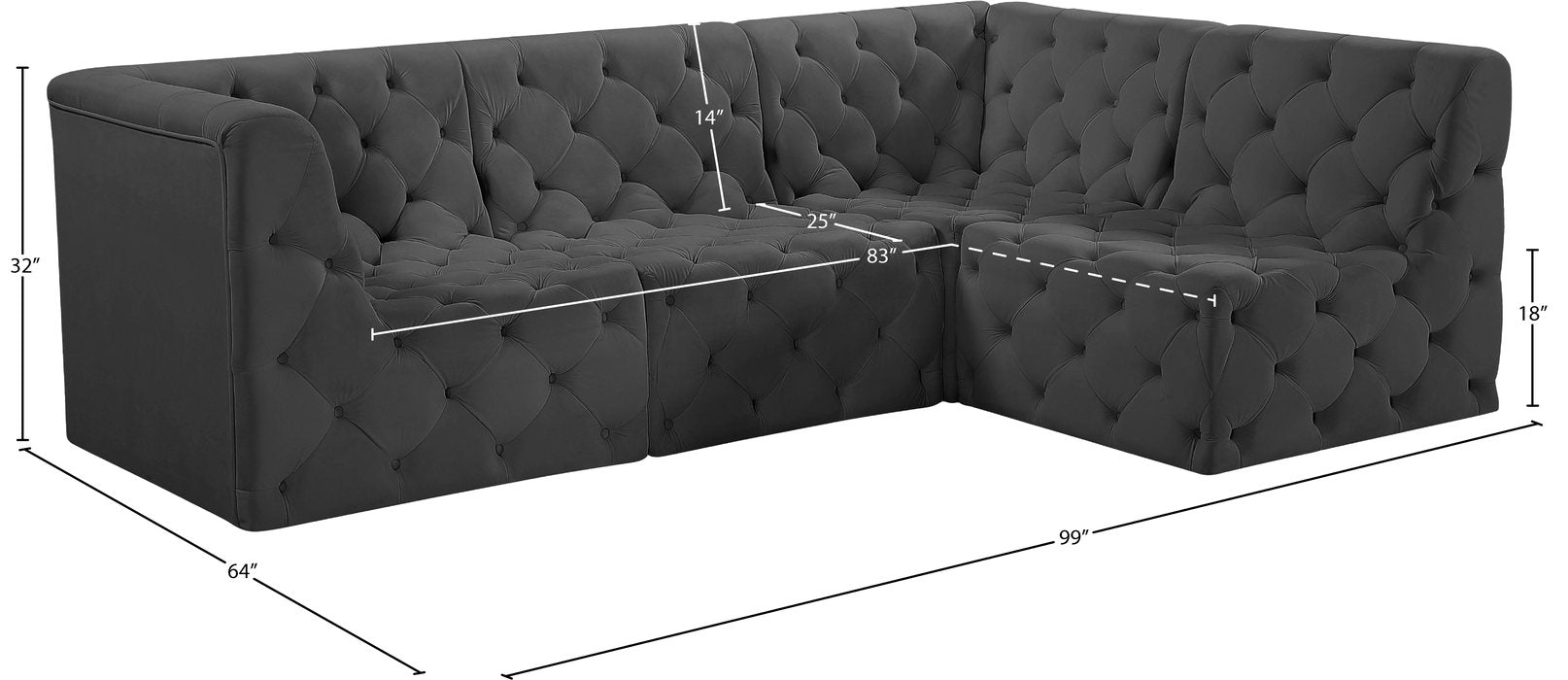 Meridian Furniture - Tuft 99" Grey Velvet Upholstered 4pc. Sectional - 680Grey-Sec4A - GreatFurnitureDeal
