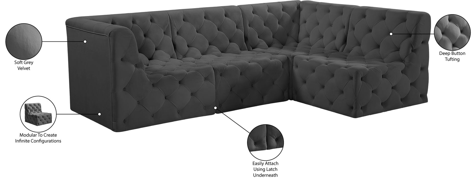 Meridian Furniture - Tuft 99" Grey Velvet Upholstered 4pc. Sectional - 680Grey-Sec4A - GreatFurnitureDeal