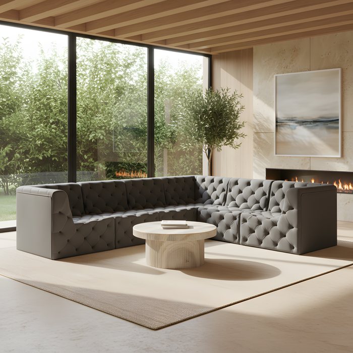 Meridian Furniture - Tuft 128" Grey Velvet Upholstered 6pc. Sectional - 680Grey-Sec6A - GreatFurnitureDeal