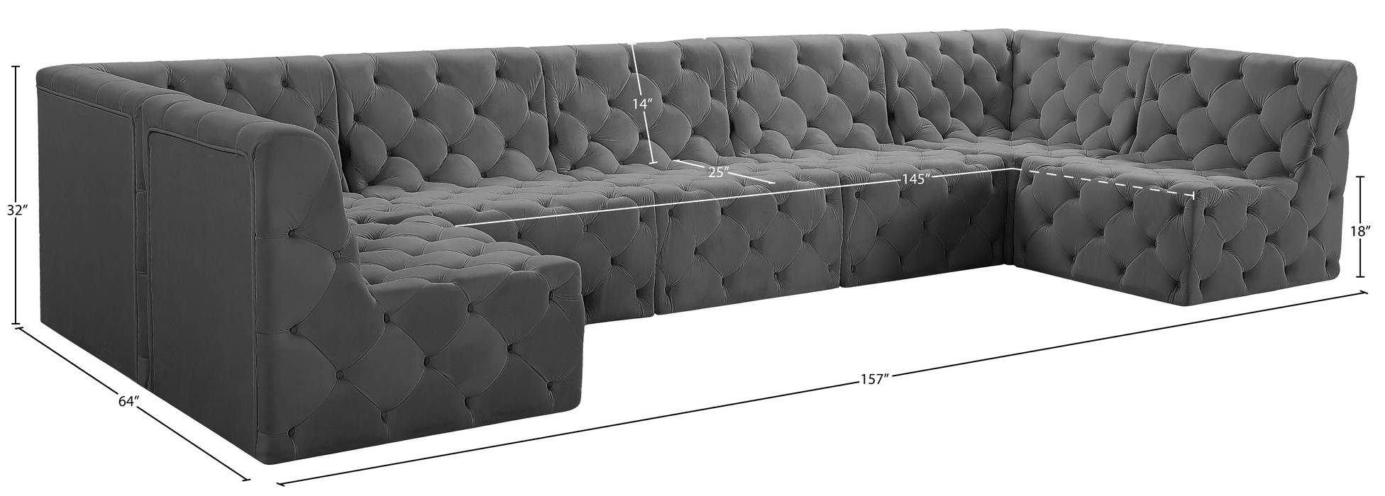 Meridian Furniture - Tuft 157" Grey Velvet Upholstered 7pc. Sectional - 680Grey-Sec7A - GreatFurnitureDeal